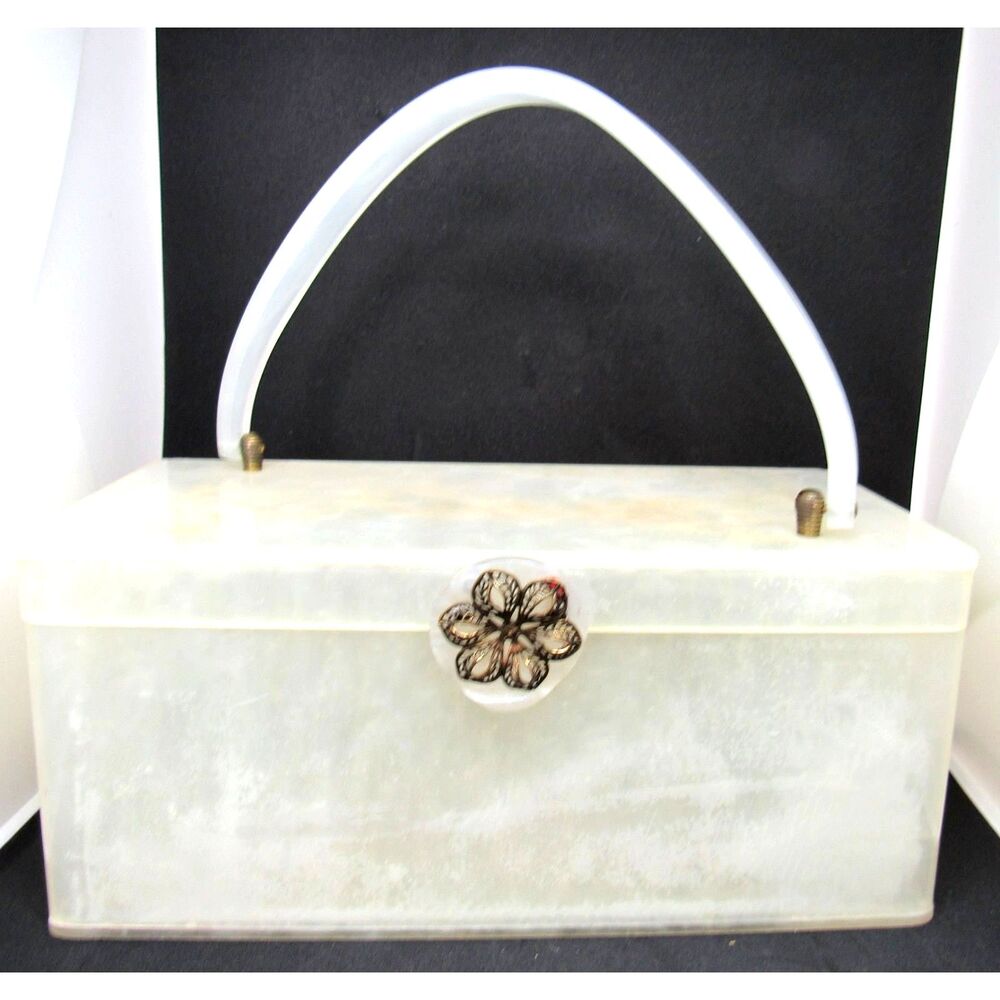 Vintage pearlized lucite purse box filigree clasp 1950 mirrored interior Wilardy